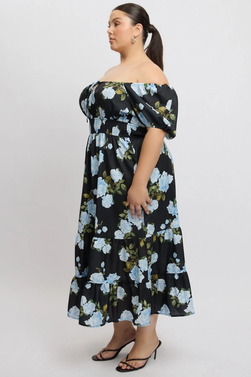 OdorControlTreatment Versatile Comfort Wear Black Floral Midi Dress Short Sleeve Ruched Bust Tiered