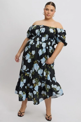 Black Floral Midi Dress Short Sleeve Ruched Bust Tiered Adjustable-Length Mood Comfort