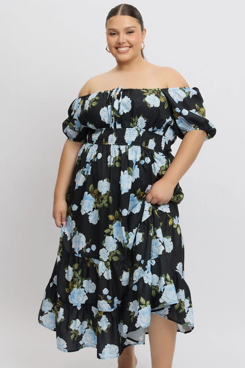 Black Floral Midi Dress Short Sleeve Ruched Bust Tiered Timeless Layer