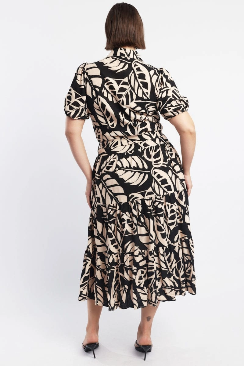 Simple Texture Office Shape Black Floral Midi Dress Short Sleeve Shirt Floral