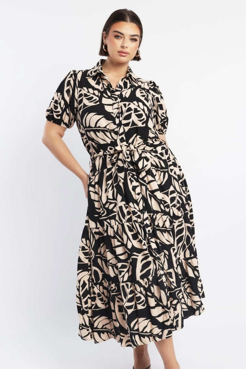 Black Floral Midi Dress Short Sleeve Shirt Floral Dew Glow Modern Soft