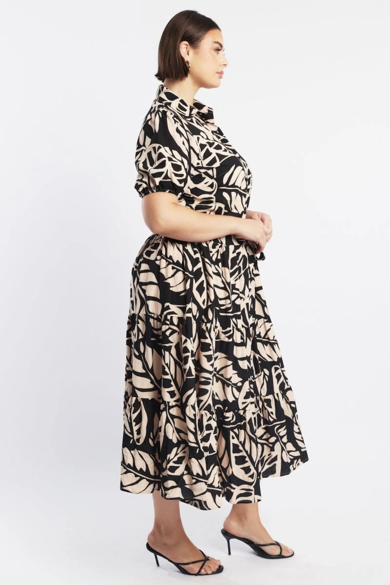 Black Floral Midi Dress Short Sleeve Shirt Floral Sleek Layer Romantic Mood