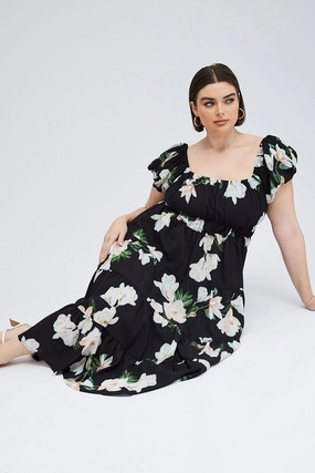 Black Floral Midi Dress Short Sleeve Tiered Ruched Casual Comfort Wear Tulle-Overlay