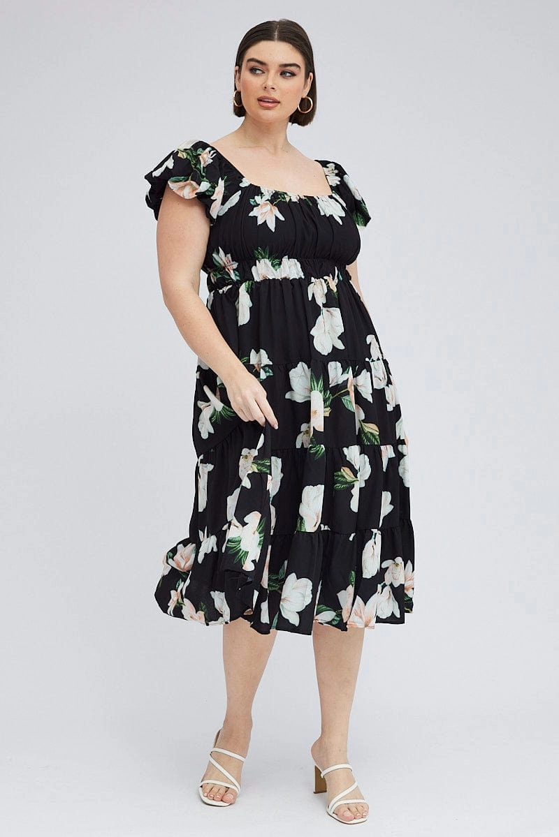 Black Floral Midi Dress Short Sleeve Tiered Ruched Influencer-Style