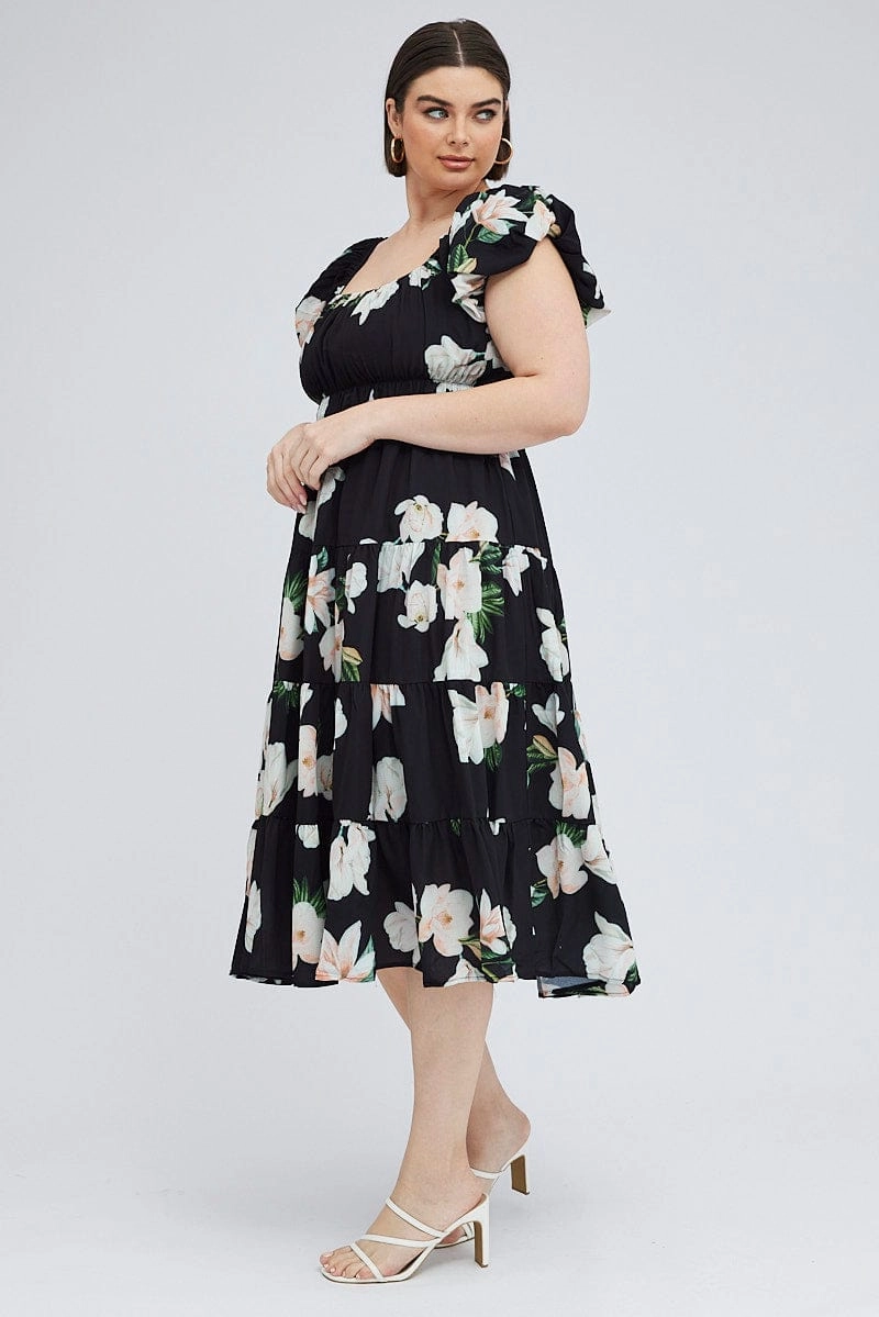 Elegant Charm Feminine Vibe Black Floral Midi Dress Short Sleeve Tiered Ruched