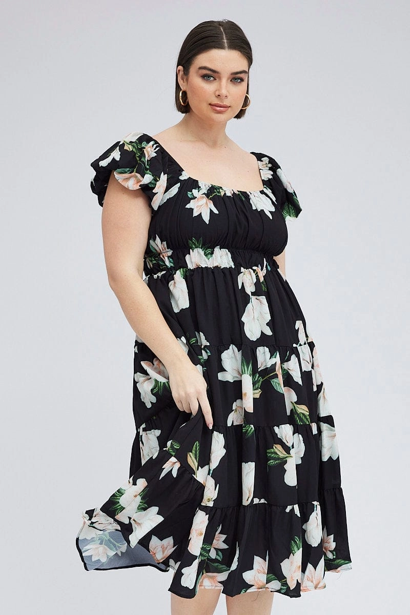 Black Floral Midi Dress Short Sleeve Tiered Ruched Subtle Glam