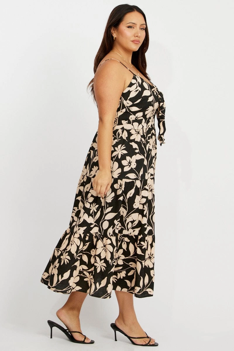 Sheer Layer Black Floral Midi Dress Sleeveless Front Tie
