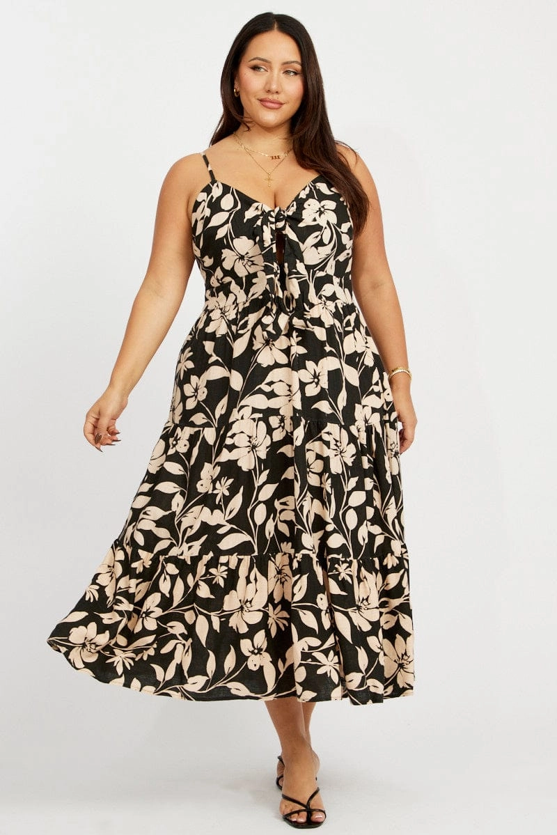 Sculpted Detail Smooth Fit Black Floral Midi Dress Sleeveless Front Tie