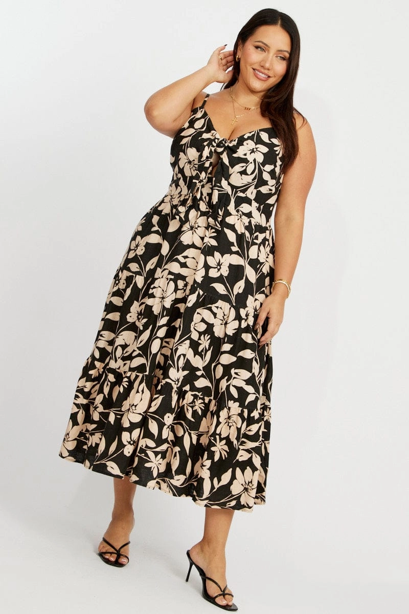 Work Friendly Black Floral Midi Dress Sleeveless Front Tie