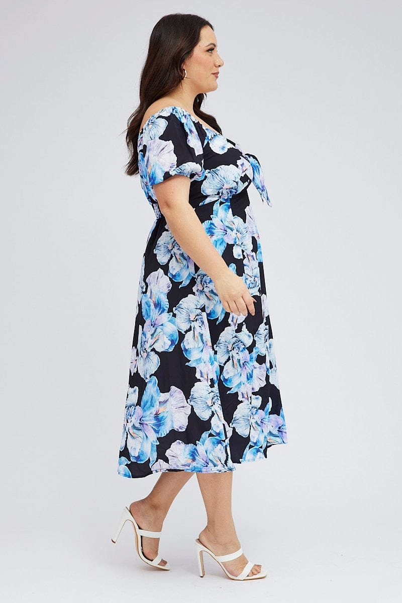 Structured Fit Black Floral Midi Dress Tie Front Puff Sleeve