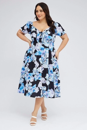 Black Floral Midi Dress Tie Front Puff Sleeve and Effortless fit dress. Fresh Aesthetic