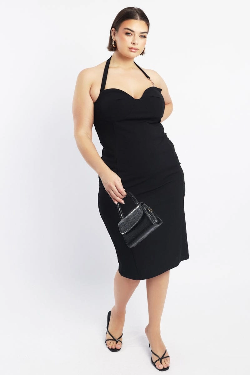 Matte Look Black Halter Bodycon Midi Dress Clasp Detail