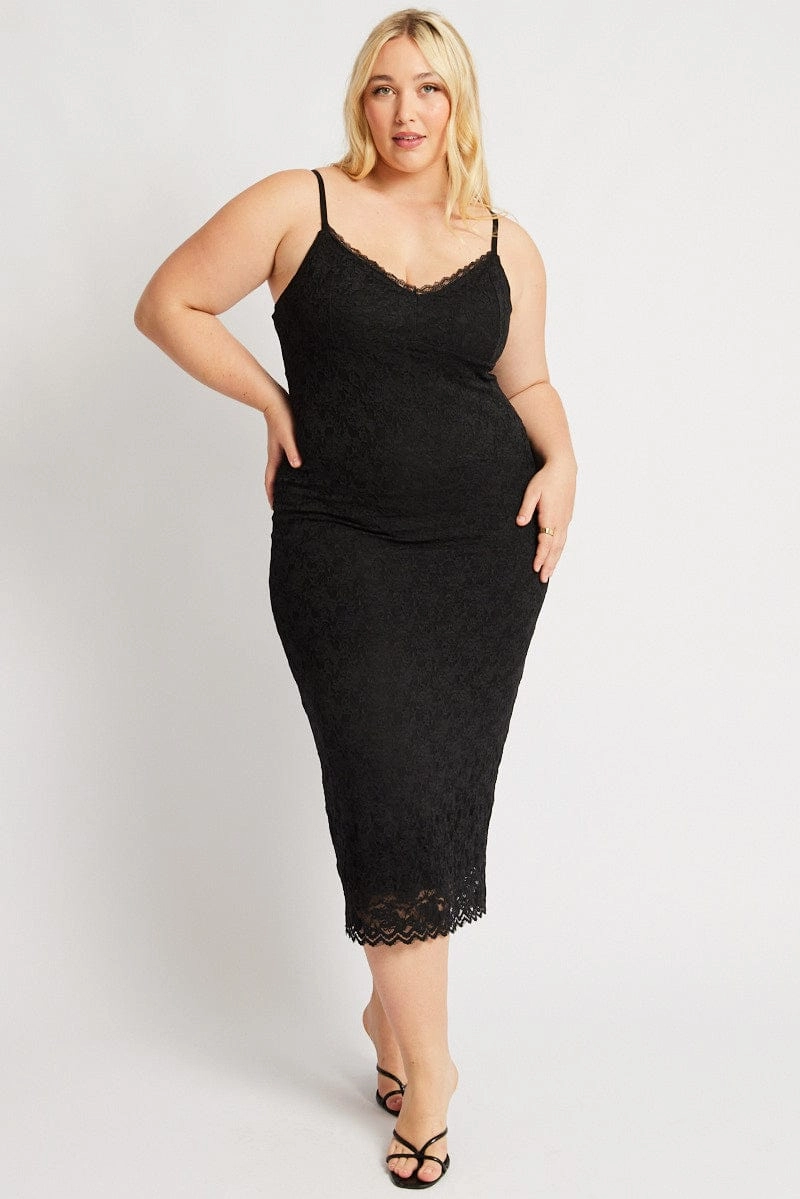 Black Lace Bodycon Midi Dress Calm Flow Comfortable Fashion