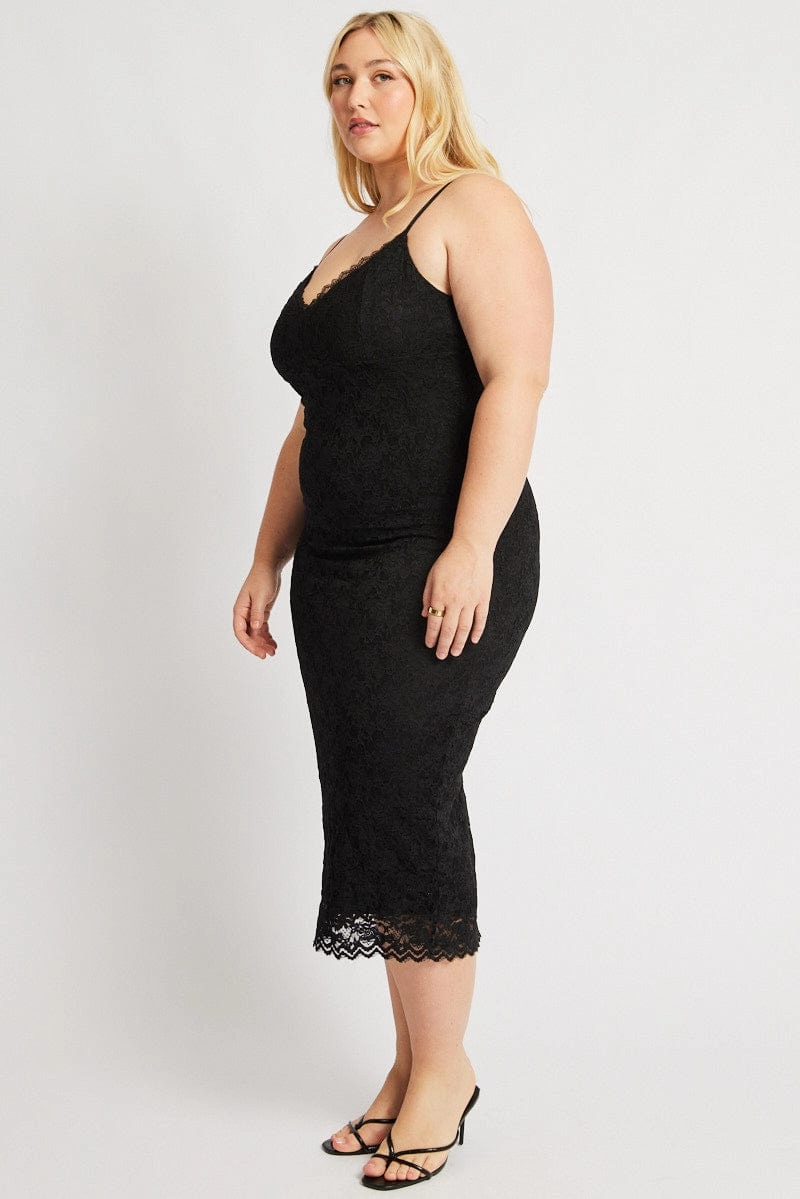 Profile Enhancer Relaxed Fit Design Black Lace Bodycon Midi Dress