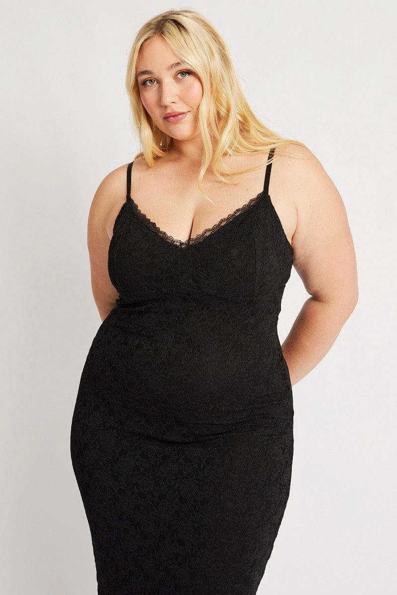 Sheer Look Flexible Waist Black Lace Bodycon Midi Dress