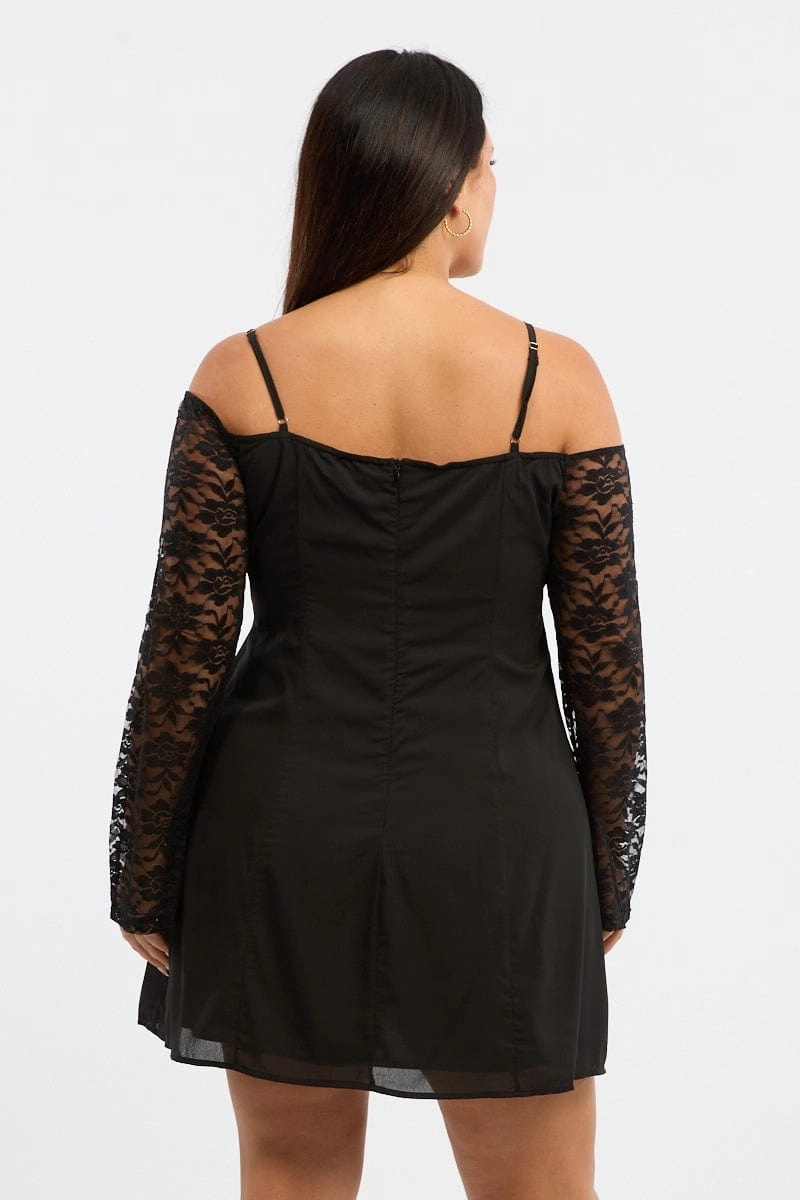 Eco Friendly Semi Sheer Black Lace Sleeve Minidress