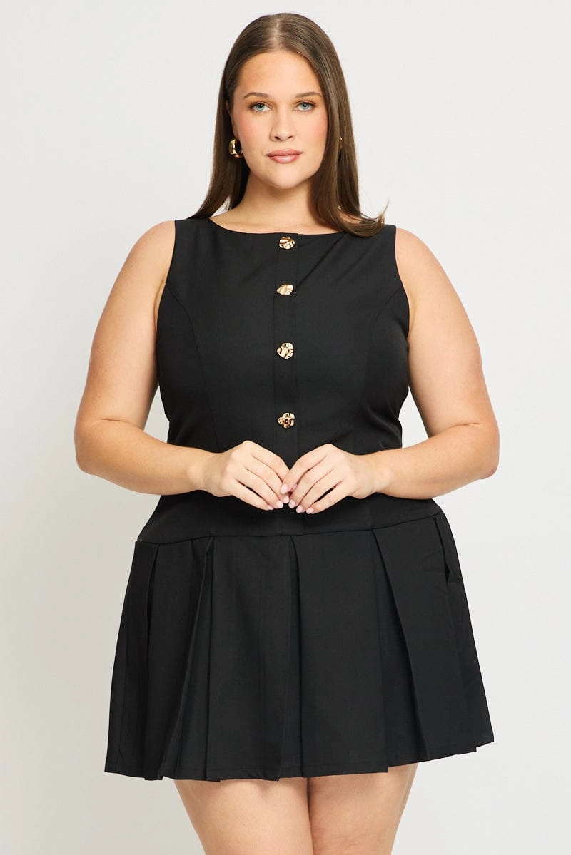 Black Low Waist Dress Sleeveless Golden Button City Flow Bold Mood