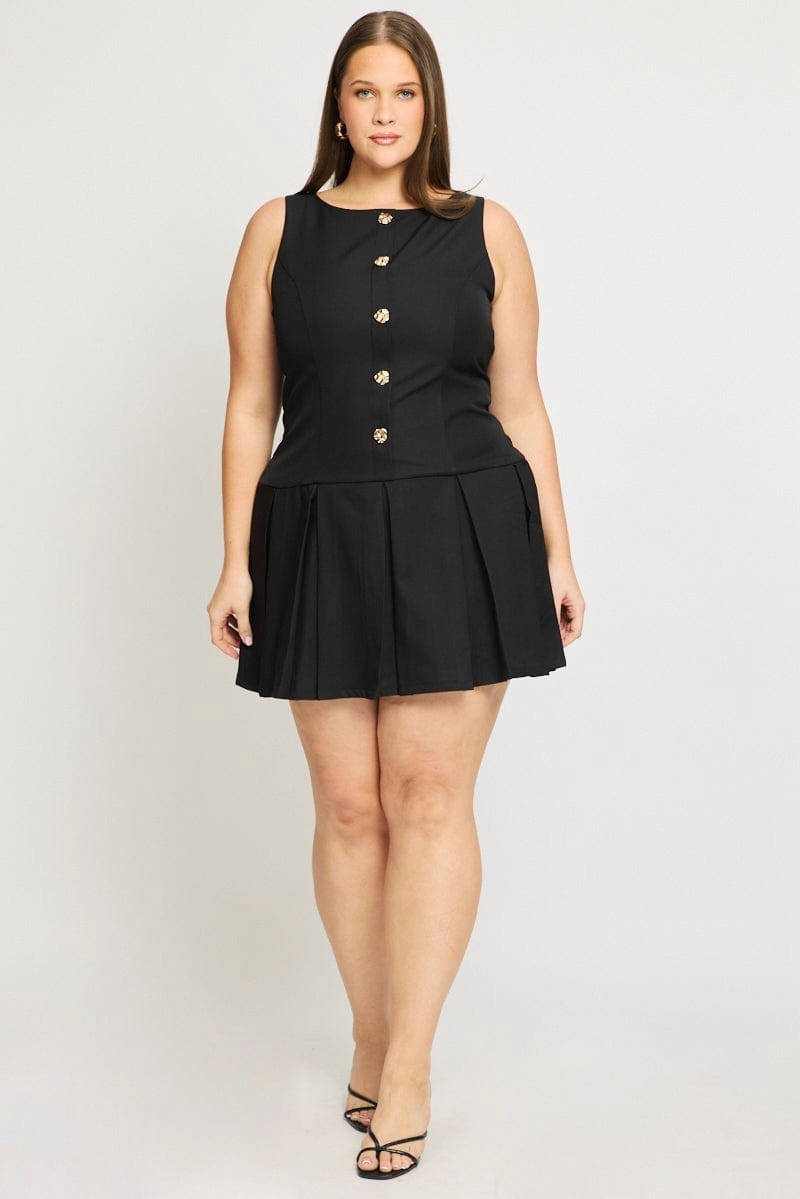 Black Low Waist Dress Sleeveless Golden Button Bold Pattern