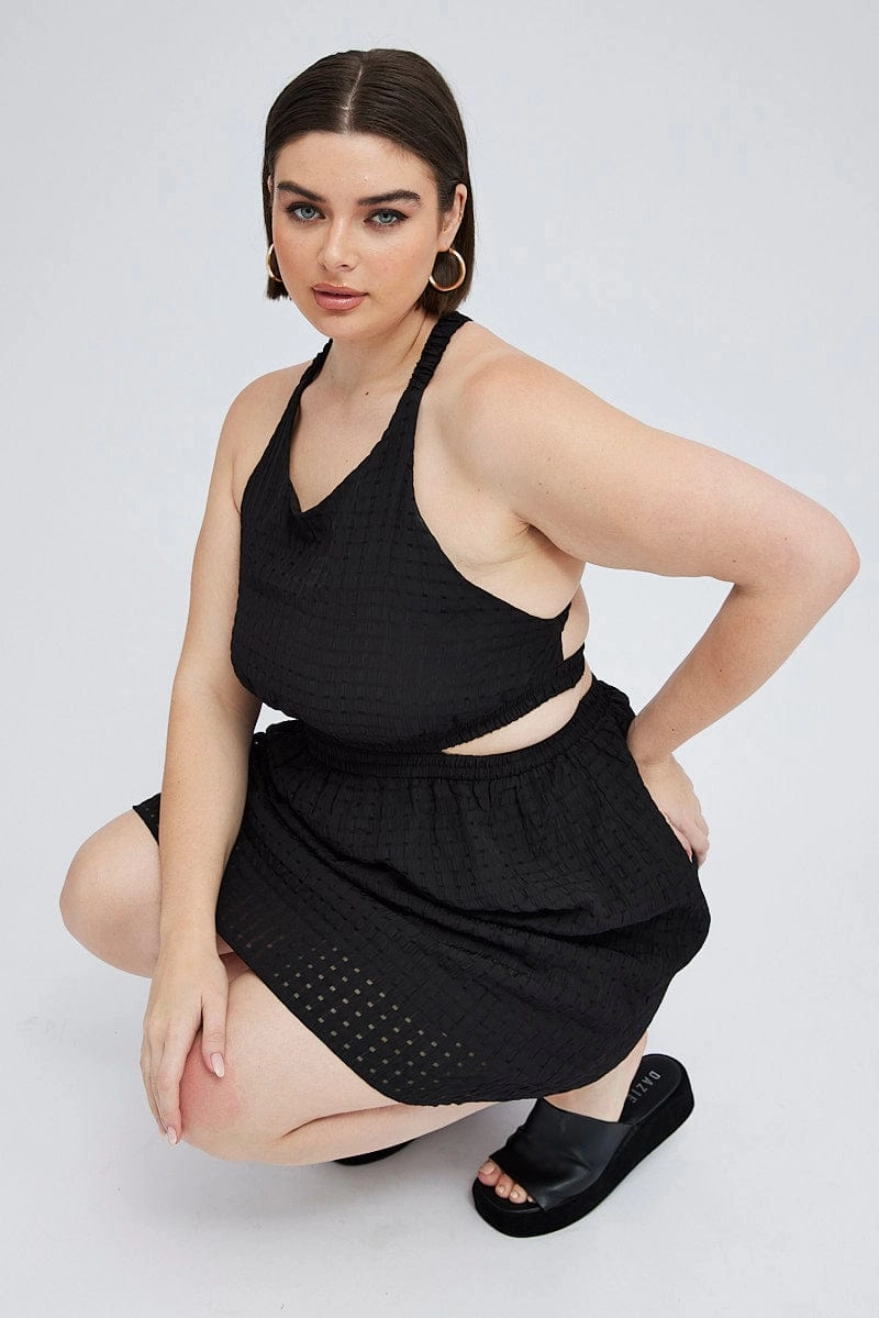 Black Midi Dress Elastic Strappy Back Korean Mood