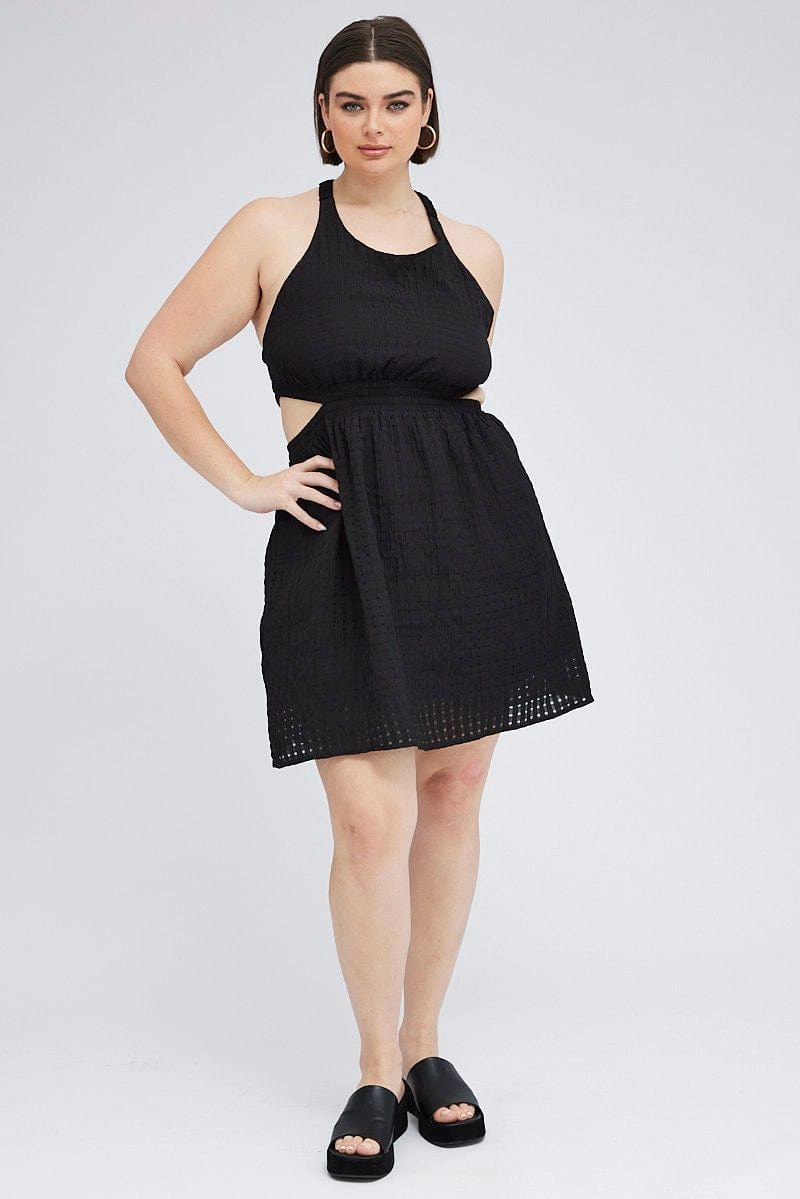 Timeless Layer Elegant Waist Black Midi Dress Elastic Strappy Back