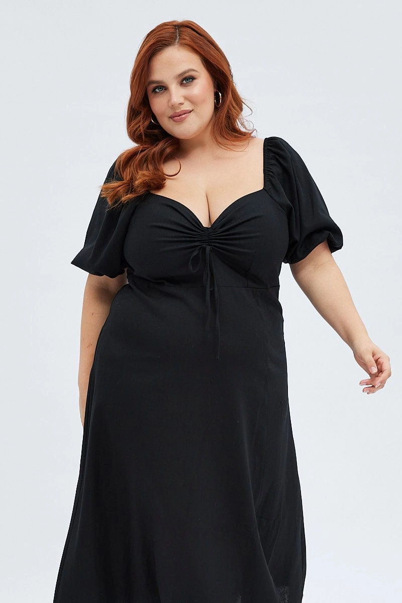 Black Midi Dress Fitted Drawstring Front Puff Sleeve Beachwear Soft And Comfortable