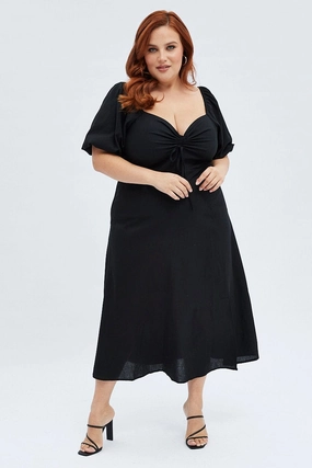 Black Midi Dress Fitted Drawstring Front Puff Sleeve Perfect Fit