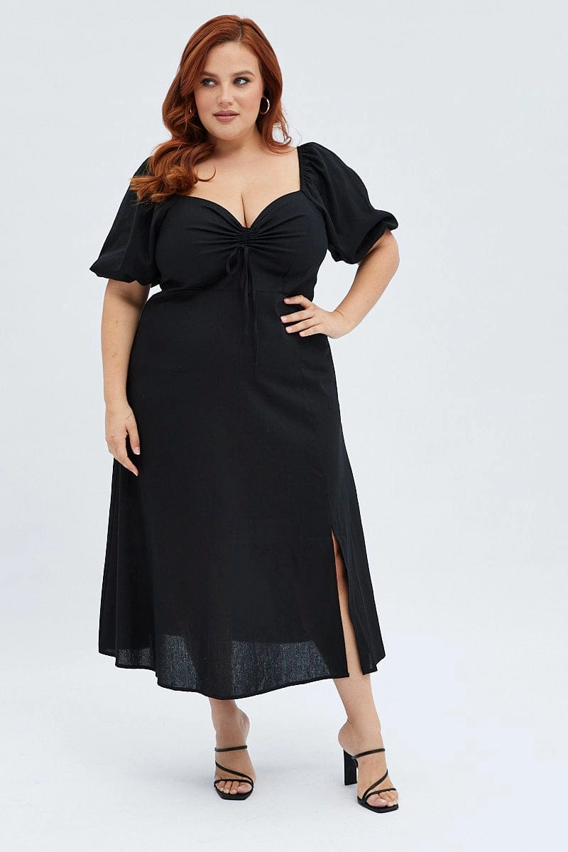 Black Midi Dress Fitted Drawstring Front Puff Sleeve Relax Style