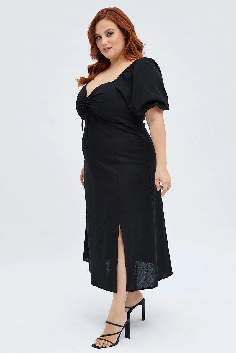 Black Midi Dress Fitted Drawstring Front Puff Sleeve Trend-Inspired monochrome