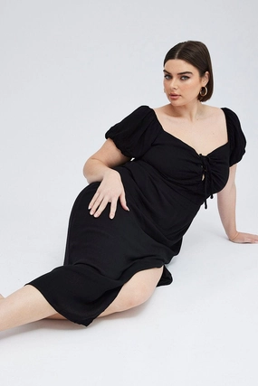 Black Midi Dress Lace Up Crinkle Short Sleeve Fresh Fit