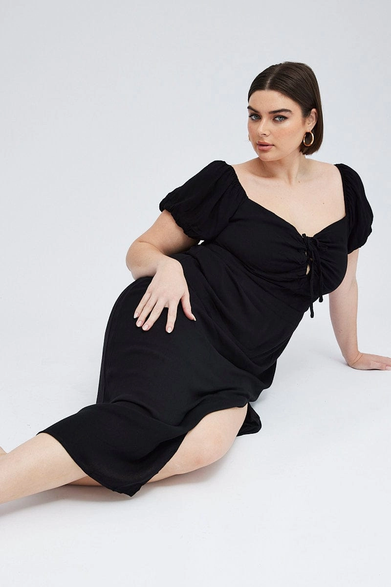 Black Midi Dress Lace Up Crinkle Short Sleeve Fresh Fit