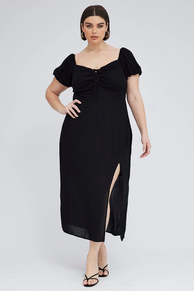 Black Midi Dress Lace Up Crinkle Short Sleeve Sleeve Light