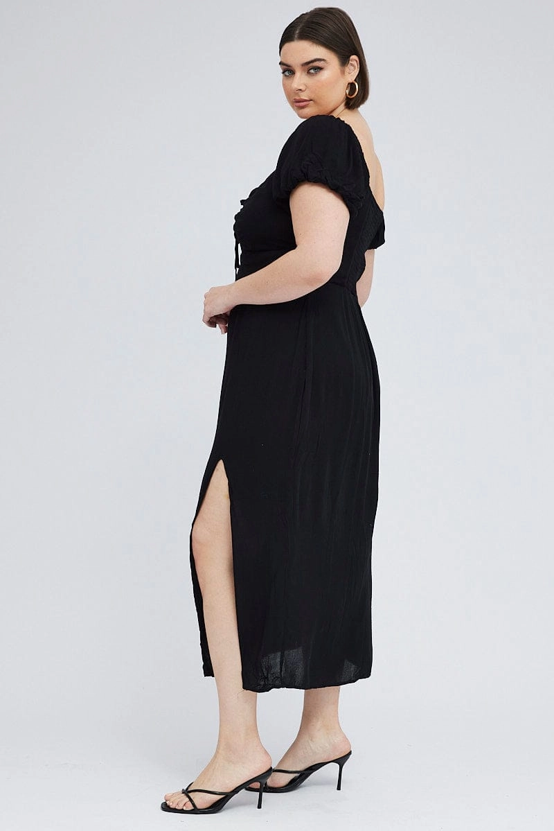 Subtle Motion effortless grace Black Midi Dress Lace Up Crinkle Short Sleeve