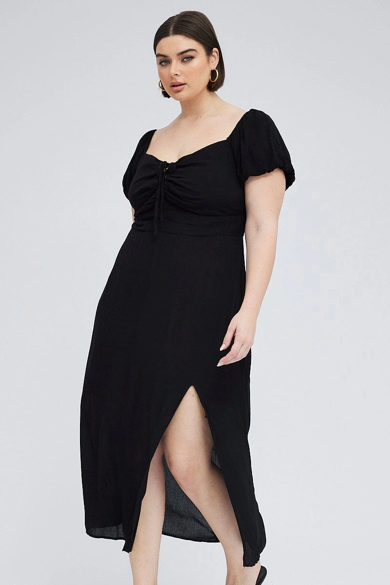 Calm Mood Black Midi Dress Lace Up Crinkle Short Sleeve