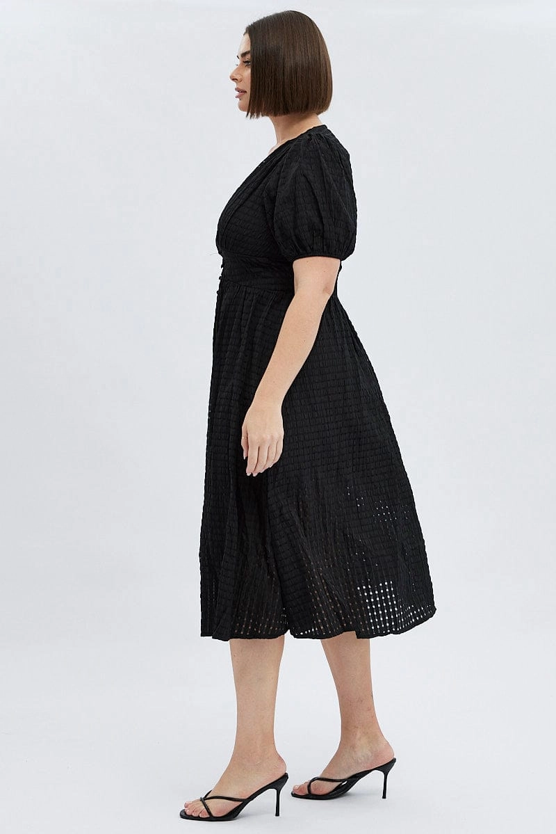 Tailored Cut Black Midi Dress Short Puff Sleeve