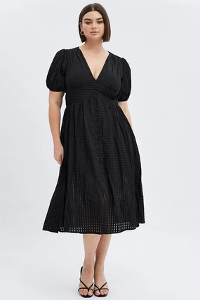 Flawless Waistband Fit Black Midi Dress Short Puff Sleeve