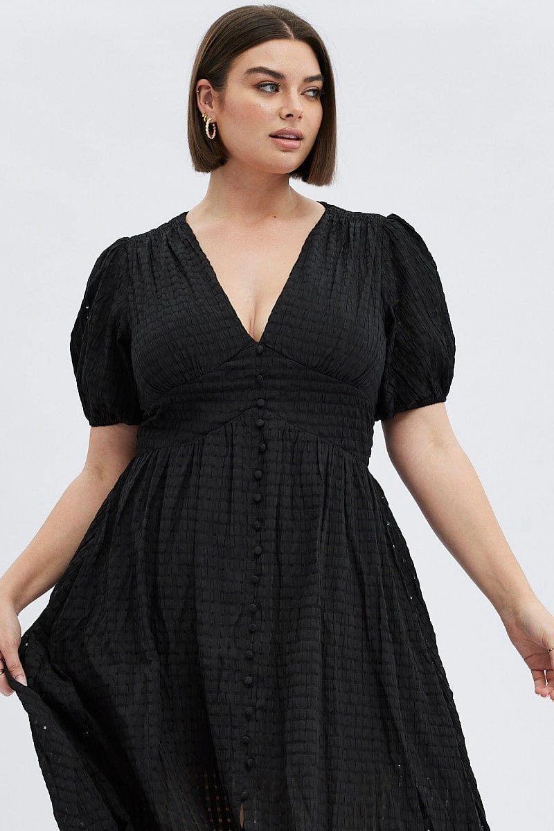 Black Midi Dress Short Puff Sleeve Flow Sleeve Cozy Comfort