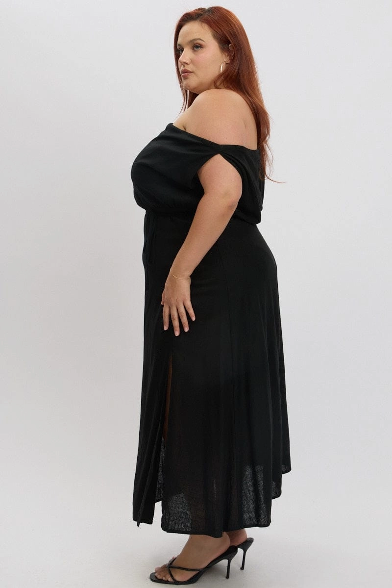 Black Midi Dress Short Sleeve Asymmetric Shoulder Chic Comfort Look