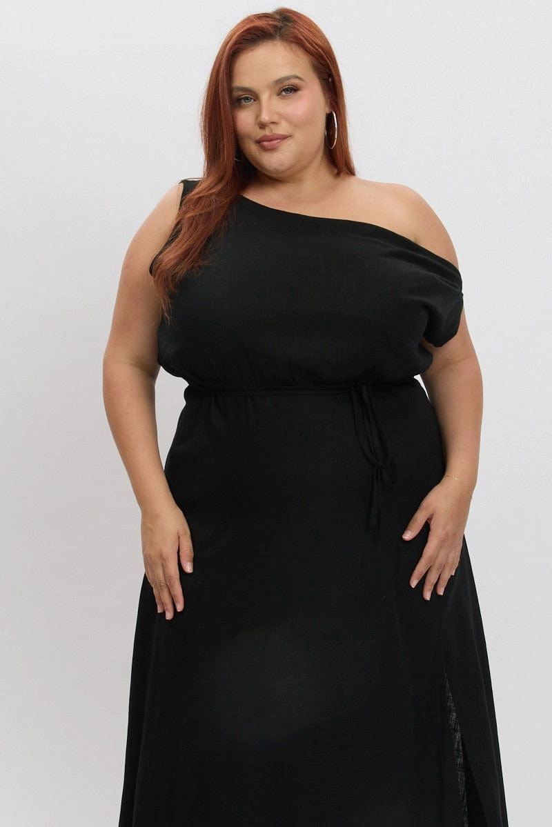 Timeless Layer Black Midi Dress Short Sleeve Asymmetric Shoulder