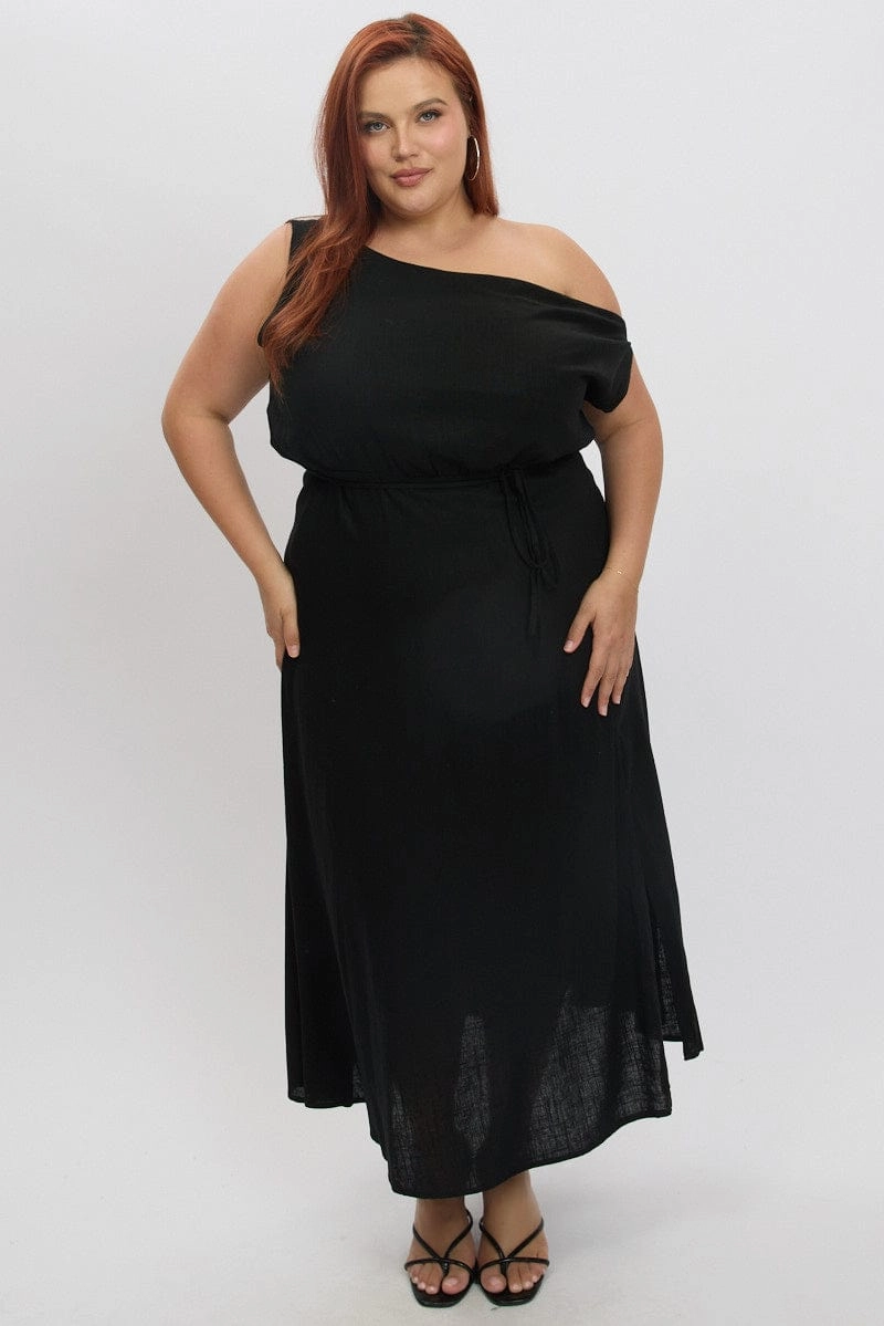 Chic boho dress Soft Outfit Black Midi Dress Short Sleeve Asymmetric Shoulder