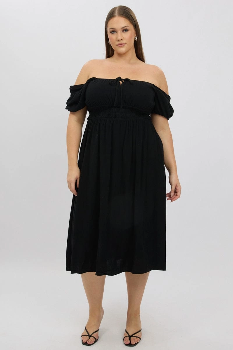 Black Midi Dress Short Sleeve Ruched Bust Linen Blend ElasticWaistband Gift-Worthy