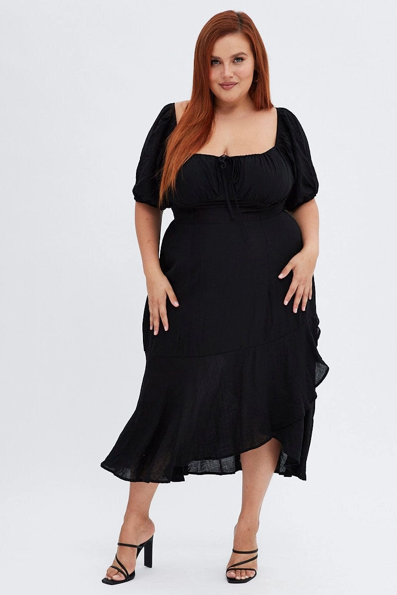 Black Midi Dress Short Sleeve Ruffle Ruched Bust Autumn Mood Fitted Shape