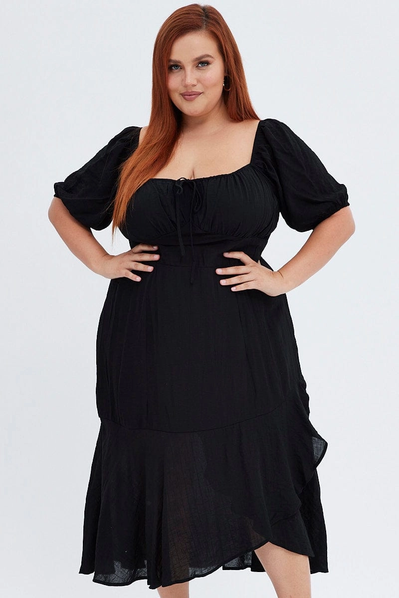 Black Midi Dress Short Sleeve Ruffle Ruched Bust Active Moments