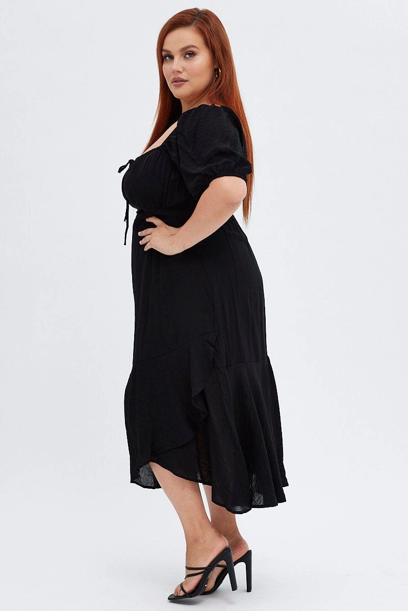 Chill Friendly FoldablePackaging Black Midi Dress Short Sleeve Ruffle Ruched Bust