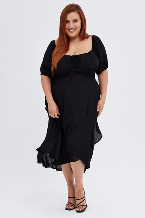 Bare Arm Lounge Ready Black Midi Dress Short Sleeve Ruffle Ruched Bust