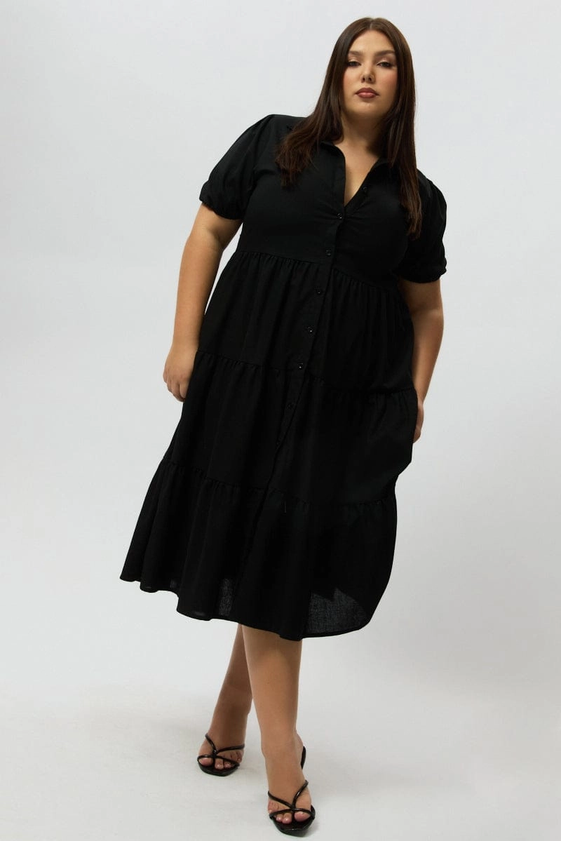 Black Midi Dress Short Sleeve Shirt Lounge Base Contemporary Style