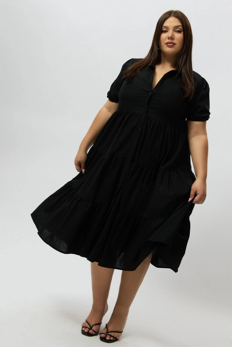 Lightweight-Structure Ribbed-Texture Black Midi Dress Short Sleeve Shirt