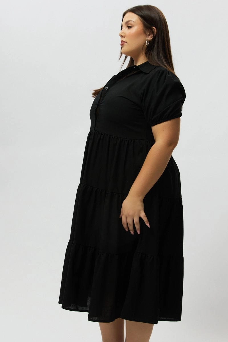Black Midi Dress Short Sleeve Shirt Silky Layer