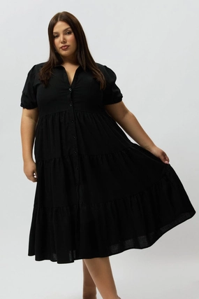 Printed-Fabric Bold Simplicity Black Midi Dress Short Sleeve Shirt