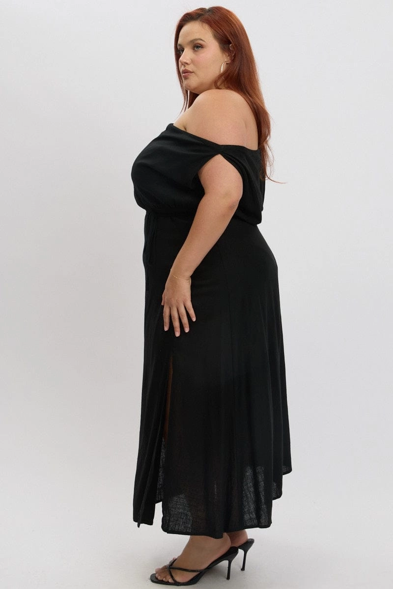 Black Midi Dress Sleeveless Asymmetrical Linen Blend Sculpted Fit