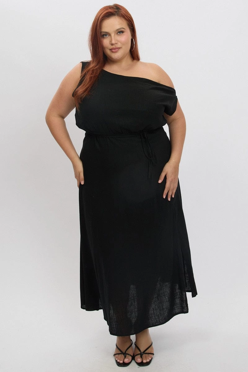 Natural Aesthetic Event Perfect Black Midi Dress Sleeveless Asymmetrical Linen Blend